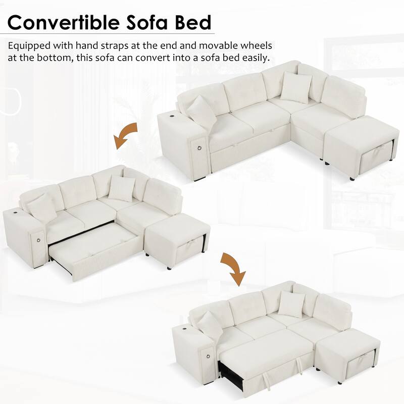 86.6" L-Shaped Sofa with Pull-Out Bed, Ottoman, Drop-Down Table with Cup Holders
