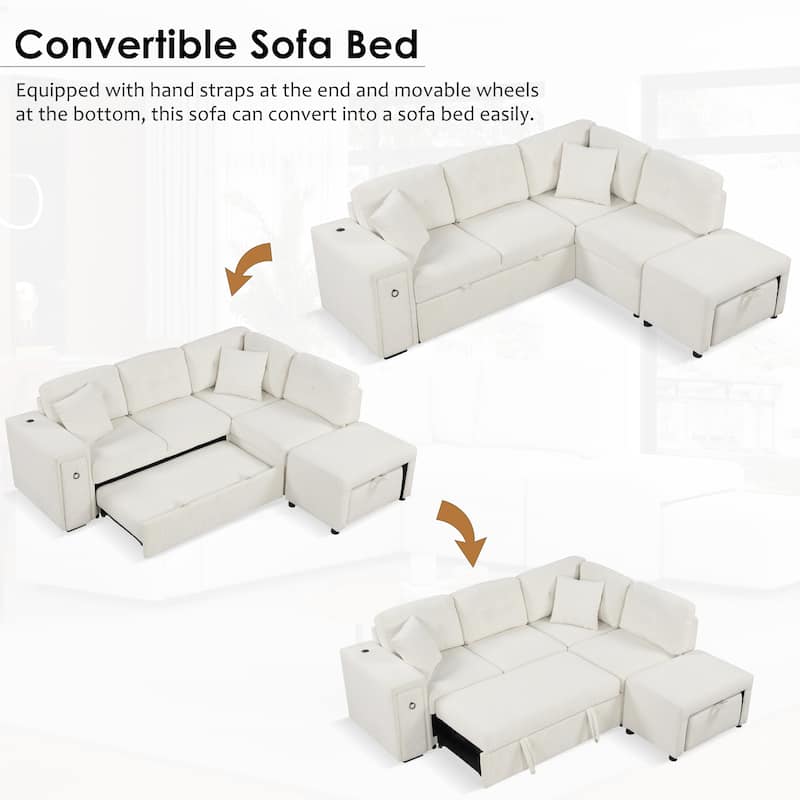 Convertible Sectional Sofa Bed with Ottoman, Chenille L-Shaped Pull Out Couch with Drawer 2 USB Ports & 2 Cup Holders