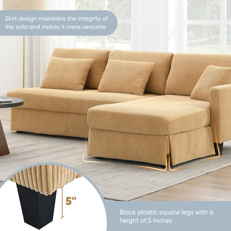 Modern L-Shaped Sofa with Reversible Chaise, 87" Corduroy Upholstered Sectional Sofa with Pillows