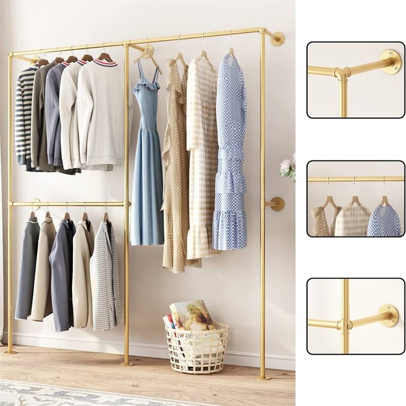 Gold Pipe Clothing Racks with 2 Tier Shelves