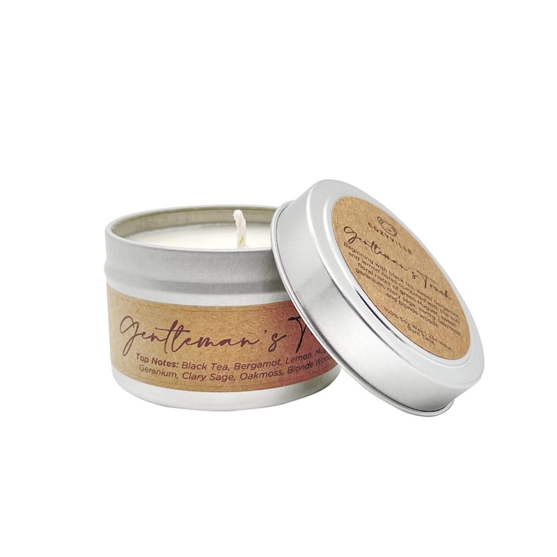 Cozyville Fragrances All Natural Soy Candles in Silver Tin/ Glass Jar - Gentleman's-Touch-2.7oz