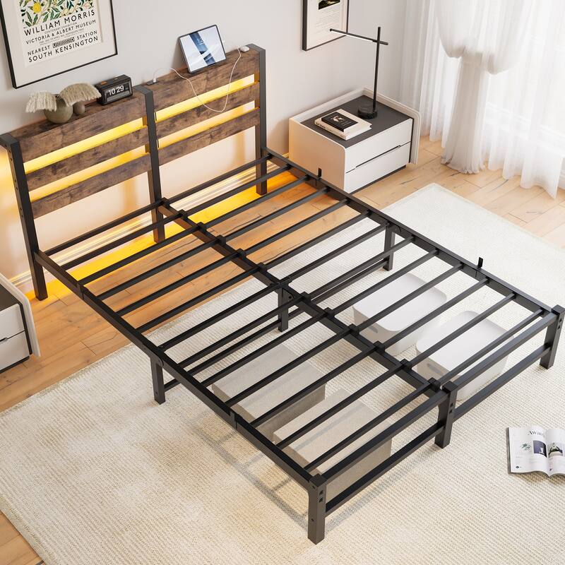 Modern Metal Bed with Wooden Headboard, RGB Lights & Storage Shelf