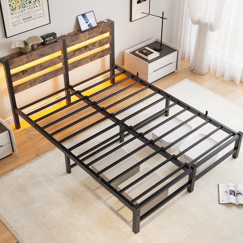 Queen Size Modern Metal Bed with Wooden Headboard,RGB Lights and Storage Shelf for Bedroom