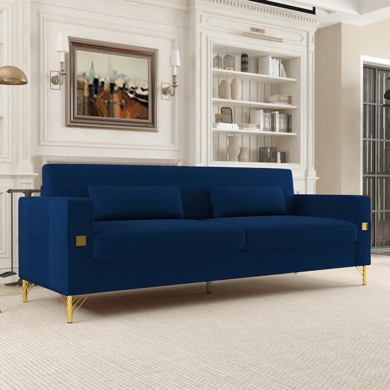 Modern 85.63" Velvet 3-seater Sofa with Gold Accents and Plush Cushions for Living Room