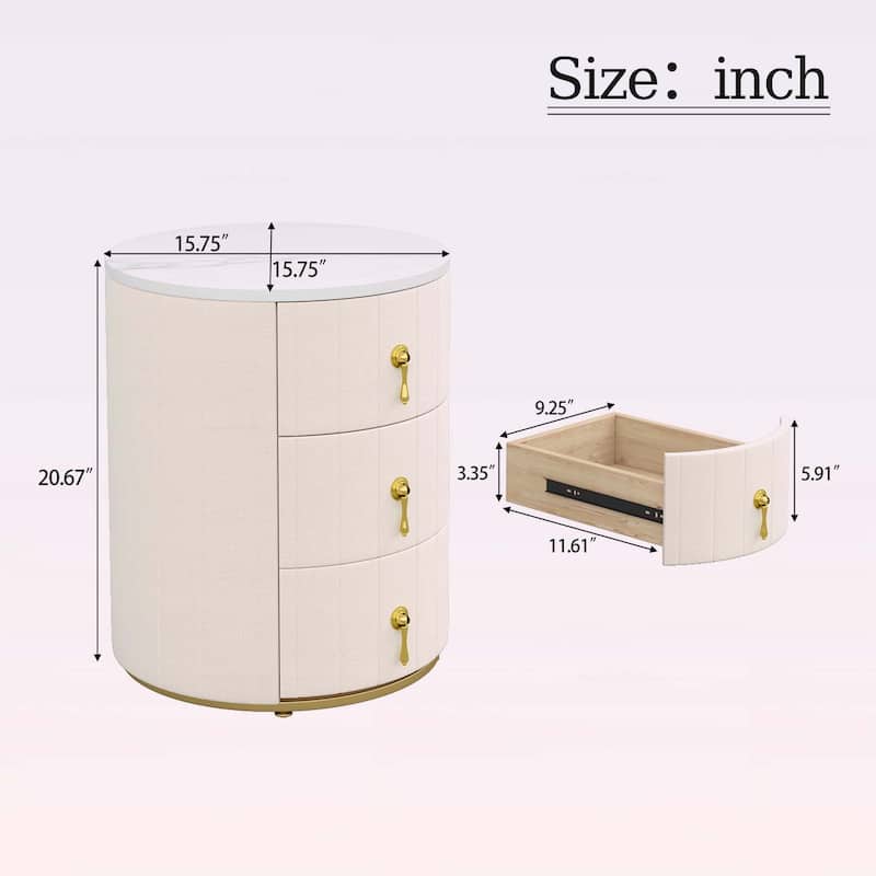 Round Nightstand with 3 Drawers,Metal Handles,Marbling Sticker Top for Bedroom