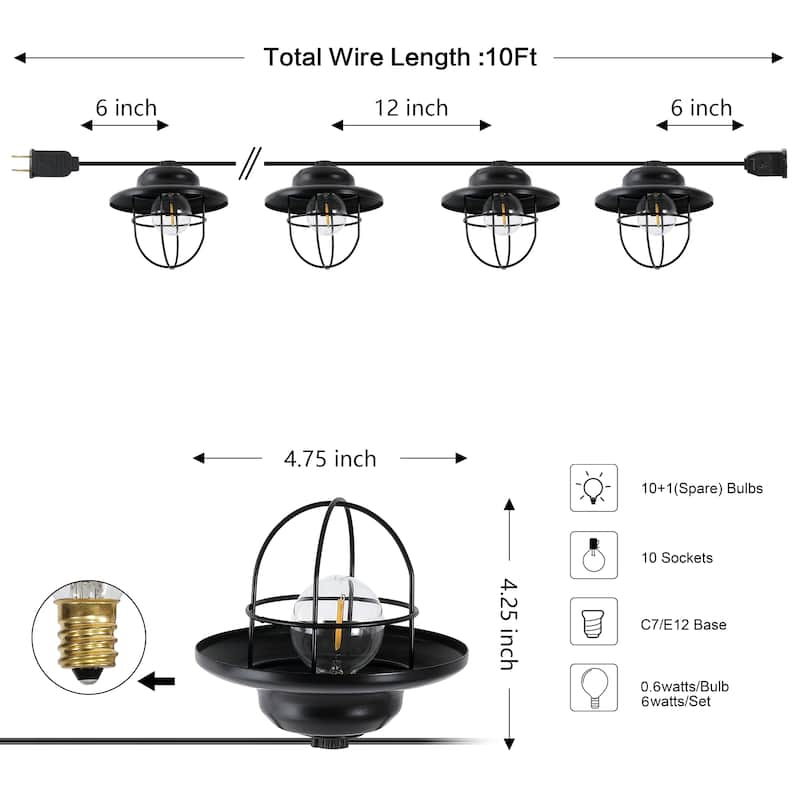10-Light Indoor/Outdoor G40 Metal Cage String Lights, 10 ft., Black (2-Pack)