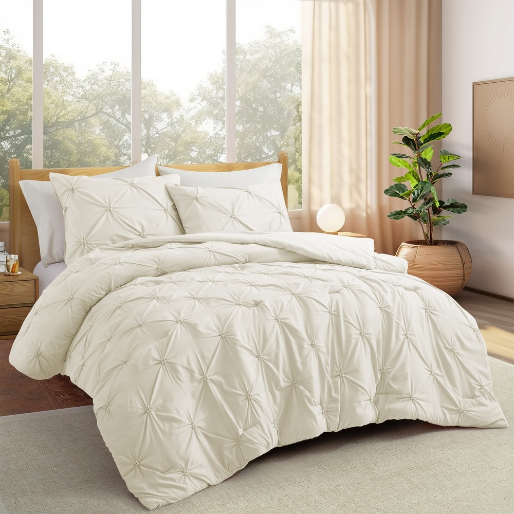 3 Piece Reversible Pintuck Pinch Pleat Comforter Set, Bedding Set for All Season