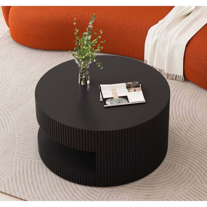 31.5" Round Coffee Table with Storage, Modern Wood Center Table with Vertical Stripe Detail for Living Room