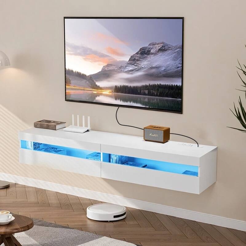 Floating TV Stand 71" Power Outlet & LED Light White - 73 inches
