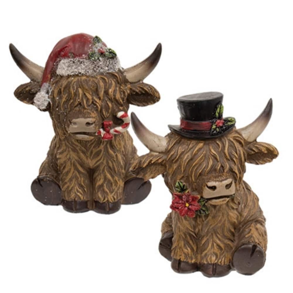 Resin Highland Cow Decorations with Red Santa Hat and Black Top Hat for Holiday Displays 2 Asstd.