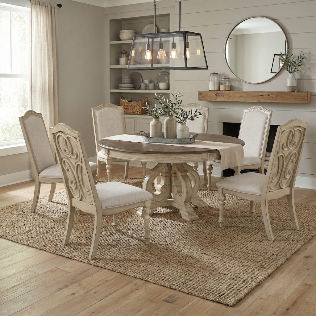 Caelum Farmhouse White Fabric Upholstered 7-Piece Round Dining Set By The Gray Barn