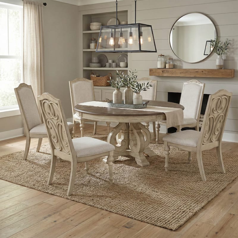 Caelum Farmhouse White Fabric Upholstered 7-Piece Round Dining Set By The Gray Barn - Antique White