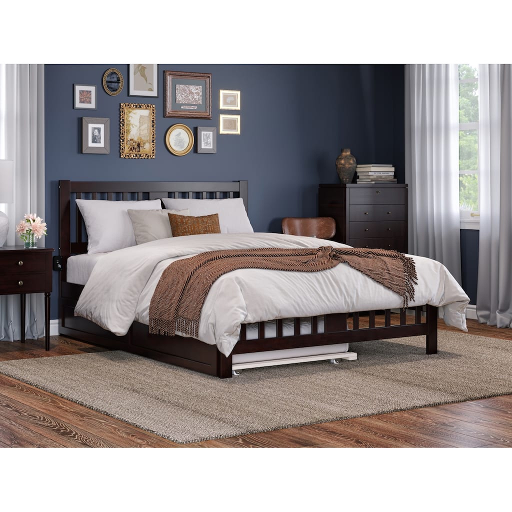 Victorian Bed with Trundle & Charging Station - Twin XL Espresso Finish - HomeStock