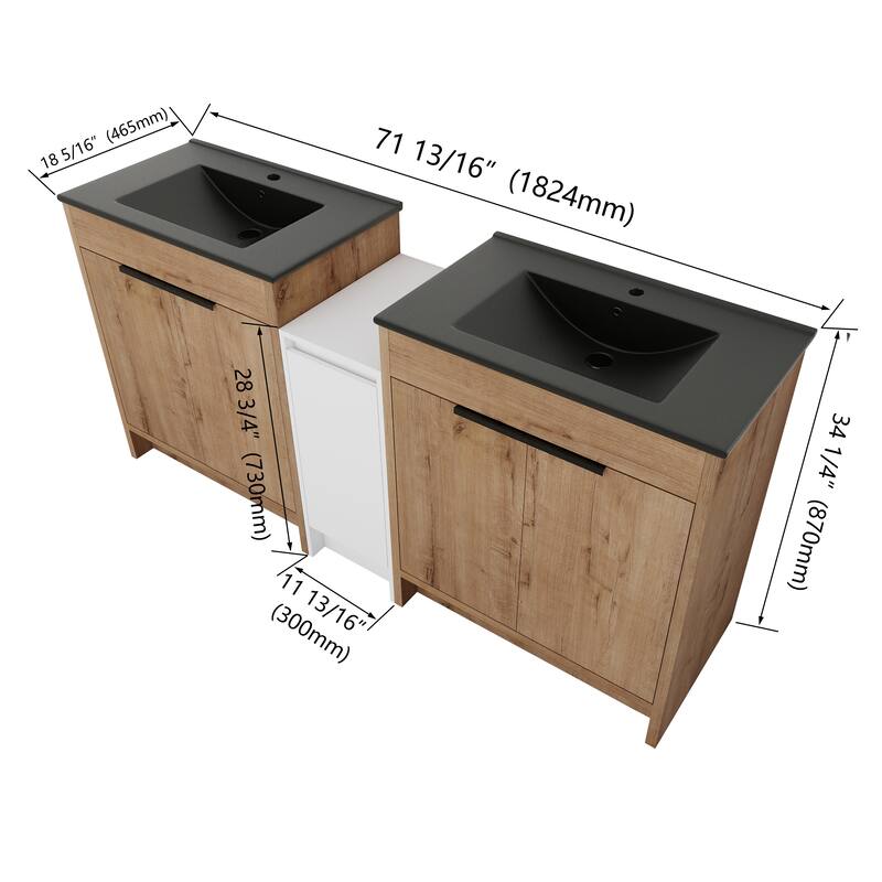72" Freestanding Bathroom Vanity Set with Adjustable Storage Cabinets, Black Ceramic Sink