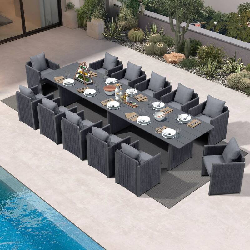 PURPLE LEAF Sanori Patio outdoor Dining Set Modern Large Weather-Resistant Aluminum for Garden Backyard Kitchen - 13-Piece Rectangle