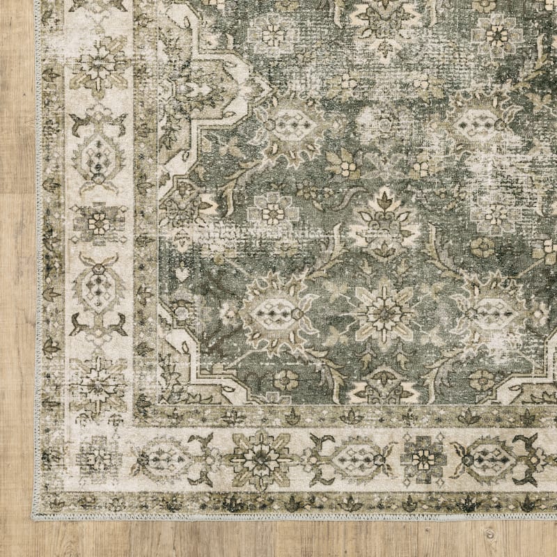Style Haven Marissa Washable Vintage Oriental Olive/ Beige Area Rug Mat