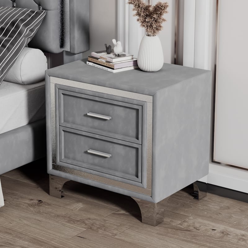 Mid Century Velvet 2-Drawer Nightstand - Grey