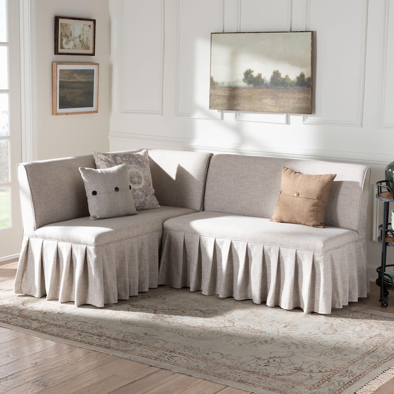 Bryna 2-Piece Fabric Upholstered Dining Nook Bench Set - Corner Kitchen Seating with Skirted Base, L-Shaped Nook, Beige