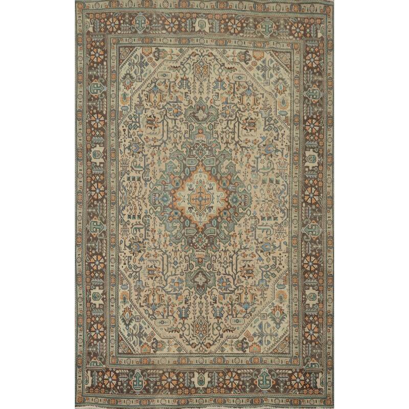 Hand Knotted Oriental 100% Wool Carpet Traditional Floral Beige & Ivories Tabriz Area Rug - 9' 3'' X 6' 4''