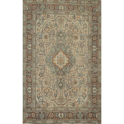 Hand Knotted Oriental 100% Wool Carpet Traditional Floral Beige & Ivories Tabriz Area Rug - 9' 3'' X 6' 4''