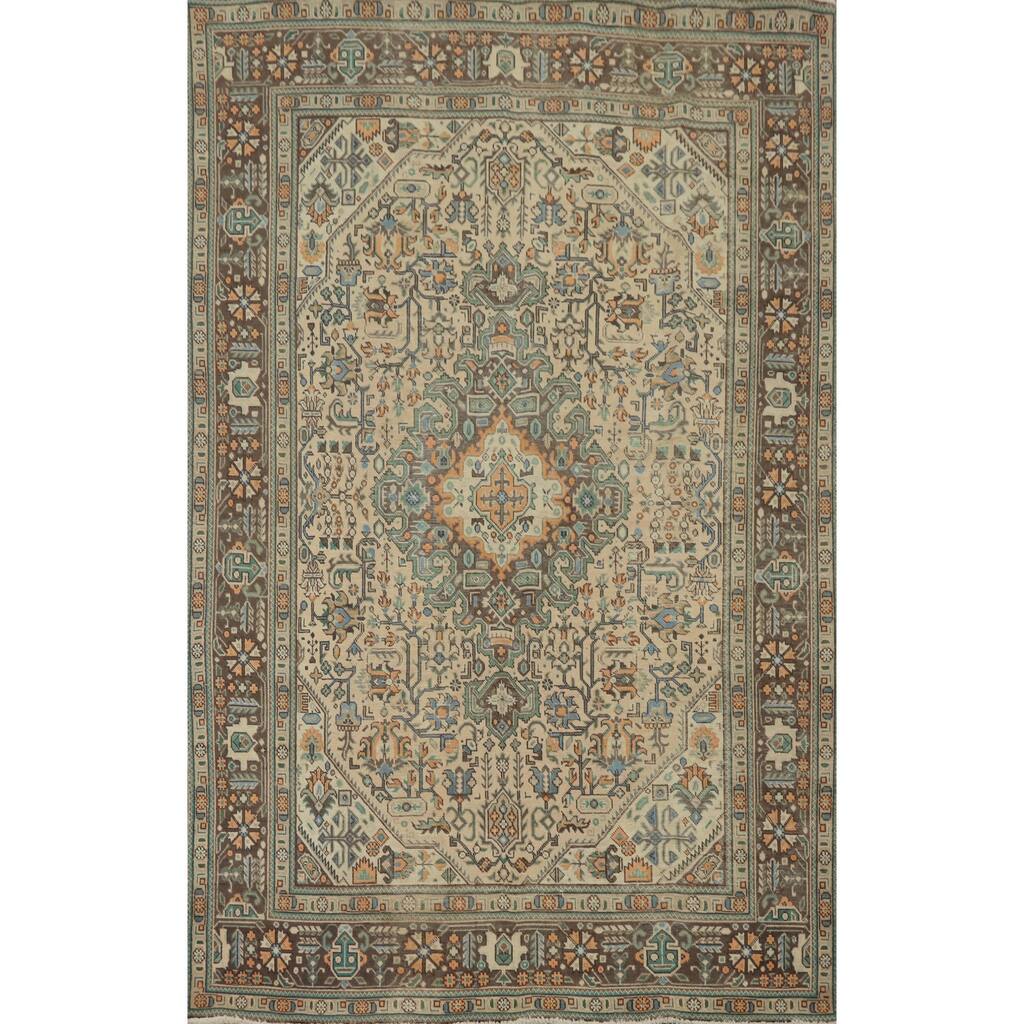 Hand Knotted Oriental 100% Wool Carpet Traditional Floral Beige & Ivories Tabriz Area Rug - 9' 3'' X 6' 4''