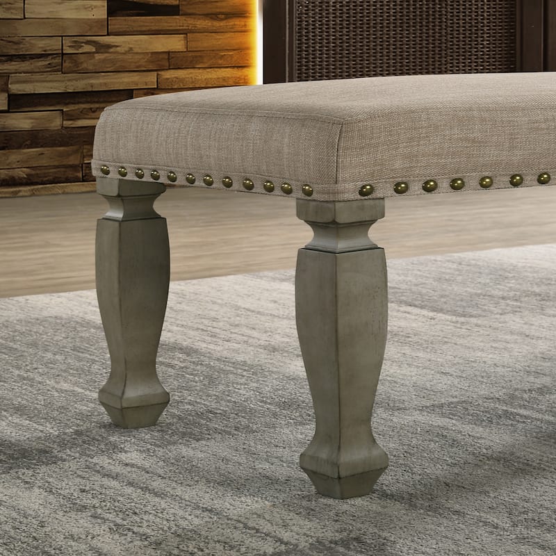 Antique Gray Finish Upholstered Nailhead Bench