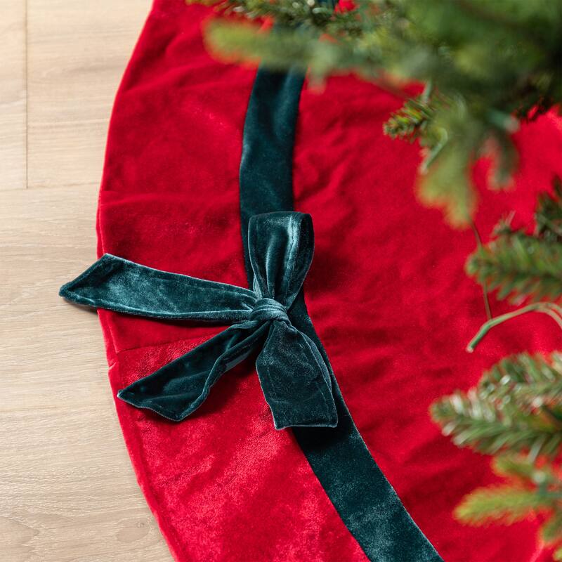 Glitzhome 48"D Deluxe Burgundy Velvet Ruffled Christmas Tree Skirt