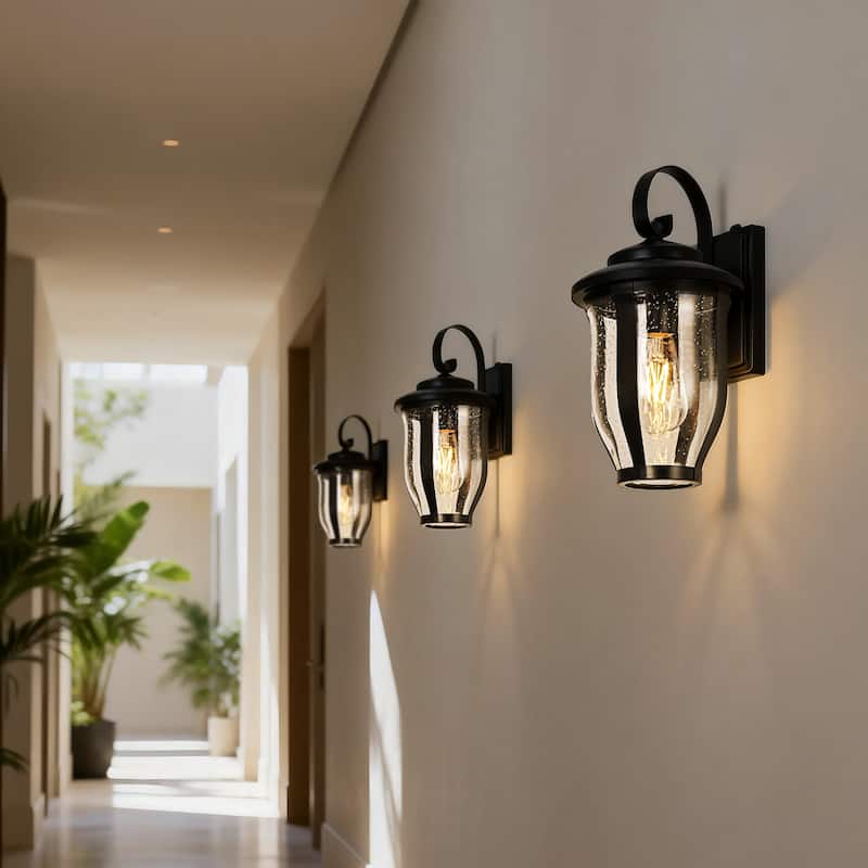 14 in. 1-Light Matte Black Dusk to Dawn Outdoor Wall Sconce with Clear Seeded Glass - E26, Wet Rated, Farmhouse Style