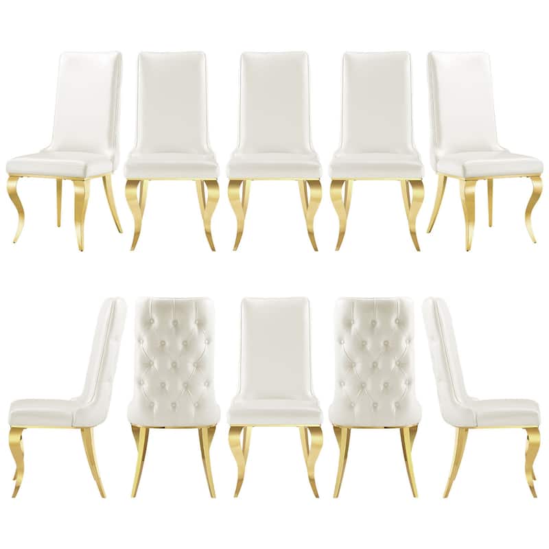 White leather dining chairs with gold legs - Set of 10 - White/Gold