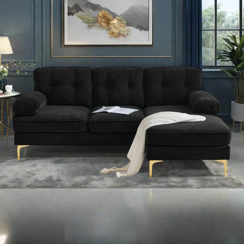 82.6" Velvet L-Shaped Sectional Sofa with Cloud-Like Cushions - Black