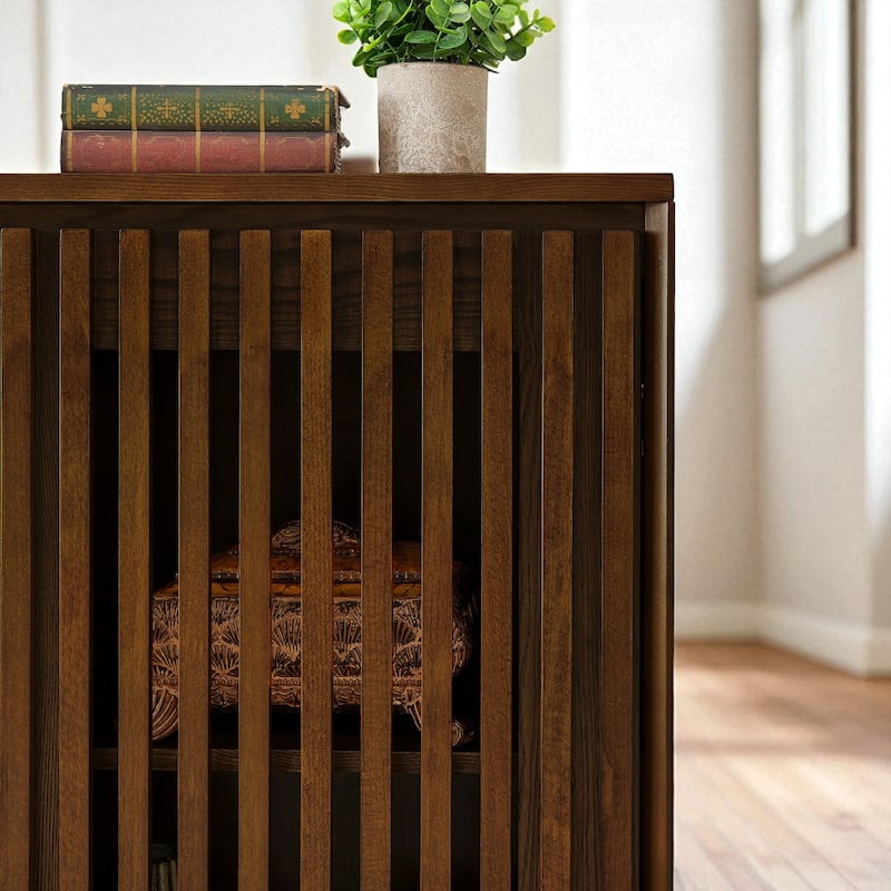 Mid Century Fluted Sideboard Cabinet with Outlet Holes, Solid Wood & MDF Buffet Storage for Entryway Hallway Dining Room.