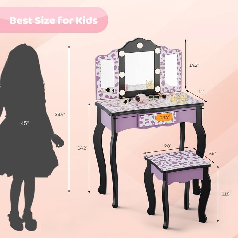 Kids MDF Vanity Table Set In Pink With 1 Drawer With 3-Color Dimmable LED Bulb - N/A