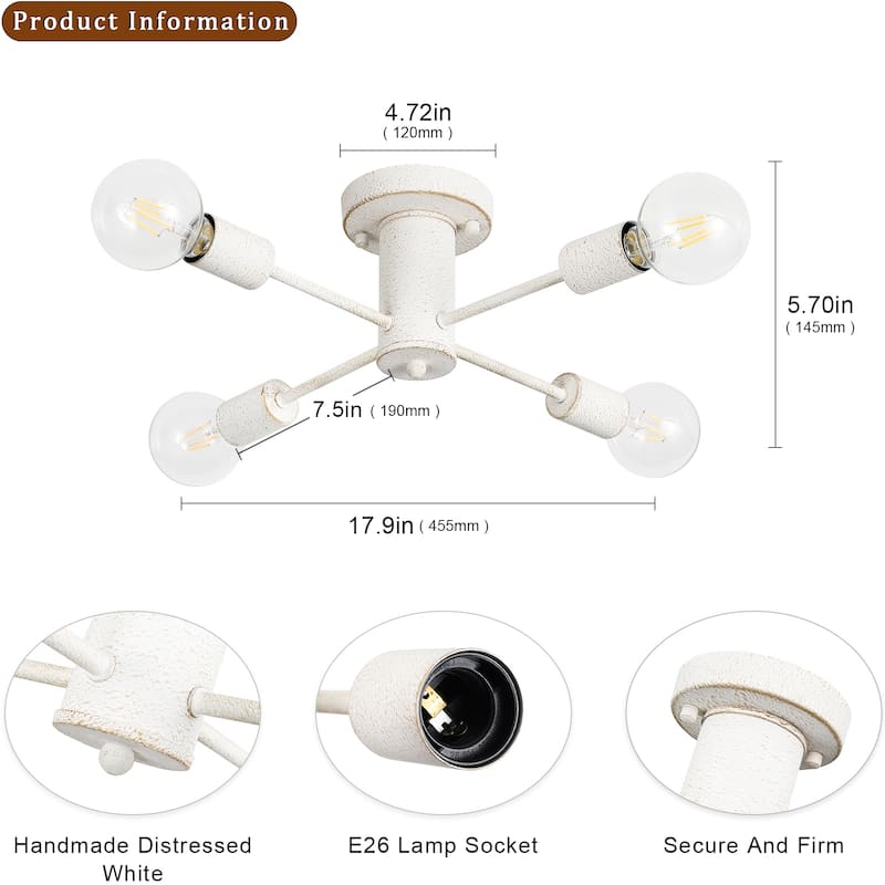 4-Light Modern Semi Flush Mount Chandelier for Bedroom Study Room