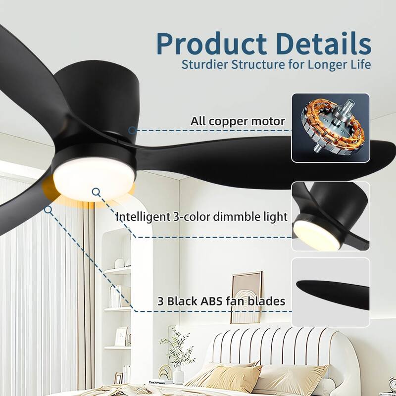 52"Smart Flush Mount Ceiling Fans with Lights Remote,Quiet DC Motor,Low Profile Ceiling Fan,Control with WIFI Alexa App,Dimmable