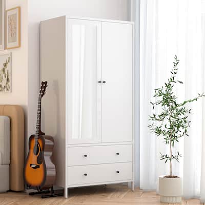 Metal Armoire Wardrobe Closet with 2 Drawers, Mirror Door and Hanging Rod, Metal Clothing Storage Cabinet