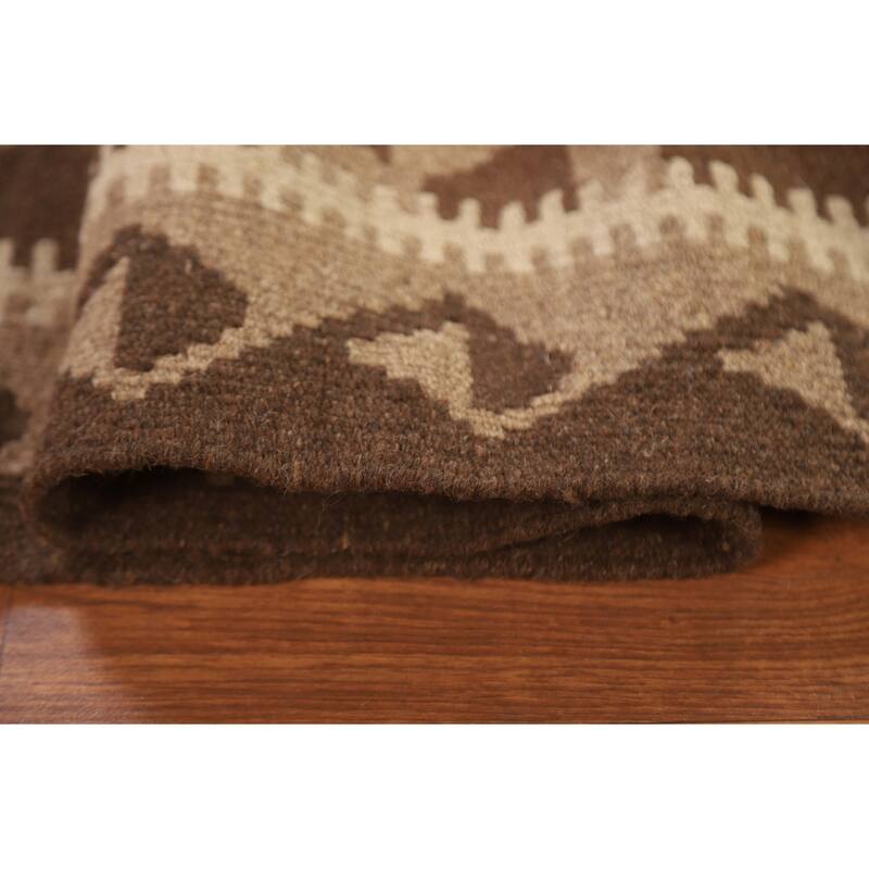 Brown Kilim Reversible Area Rug Hand-woven Wool Carpet - 6'5" x 9'5"
