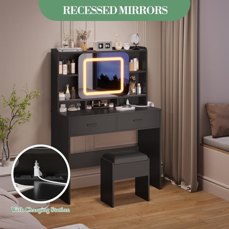 Vanity Desk with LED Mirror and Stool, Drawers, Storage Shelves, Charging Station