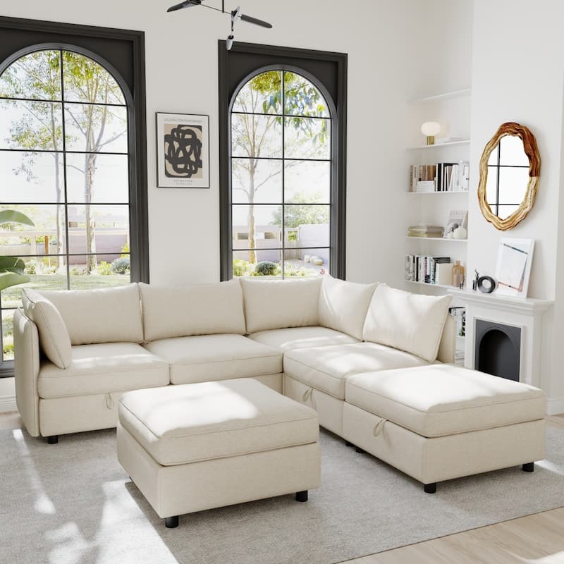 129" Chenille Sectional Sofa with Storage and Two Ottomans