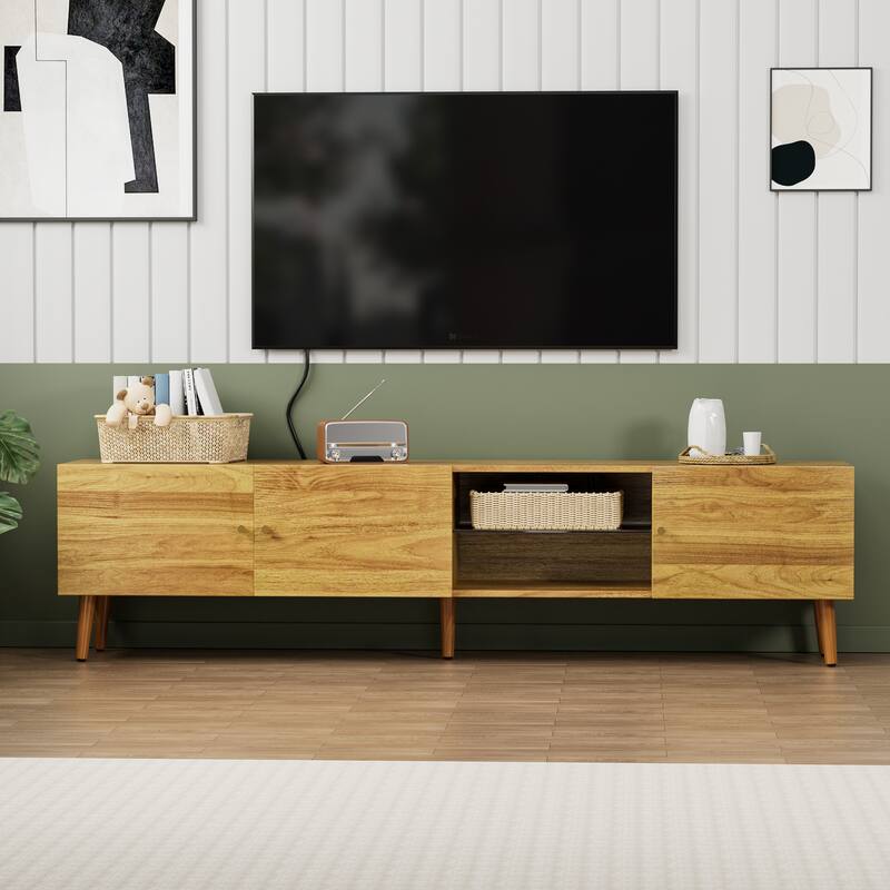 70 Inch, Mid-Century Modern TV Stand, TV Media Console with 3 Doors and 2 Cabinets, for Living Room Bedroom