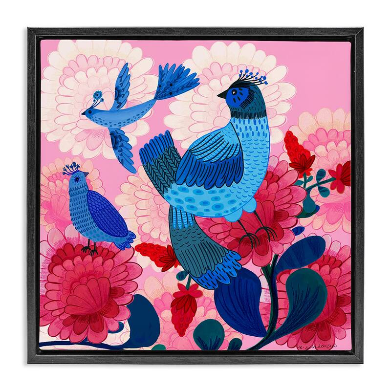 Stupell Folk Birds on Dahlias Framed Floater Canvas Wall Art Design By Kay Widdowson - 25 x 25 - Black