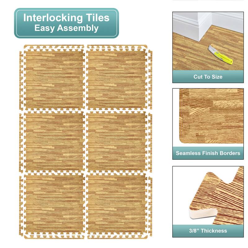 Sorbus 80 Sq. Ft. Wood Grain Floor Tiles Foam Mat EVA Interlocking Mats Tile 3/8-Inch Thick Flooring Wood Puzzle Exercise Mats