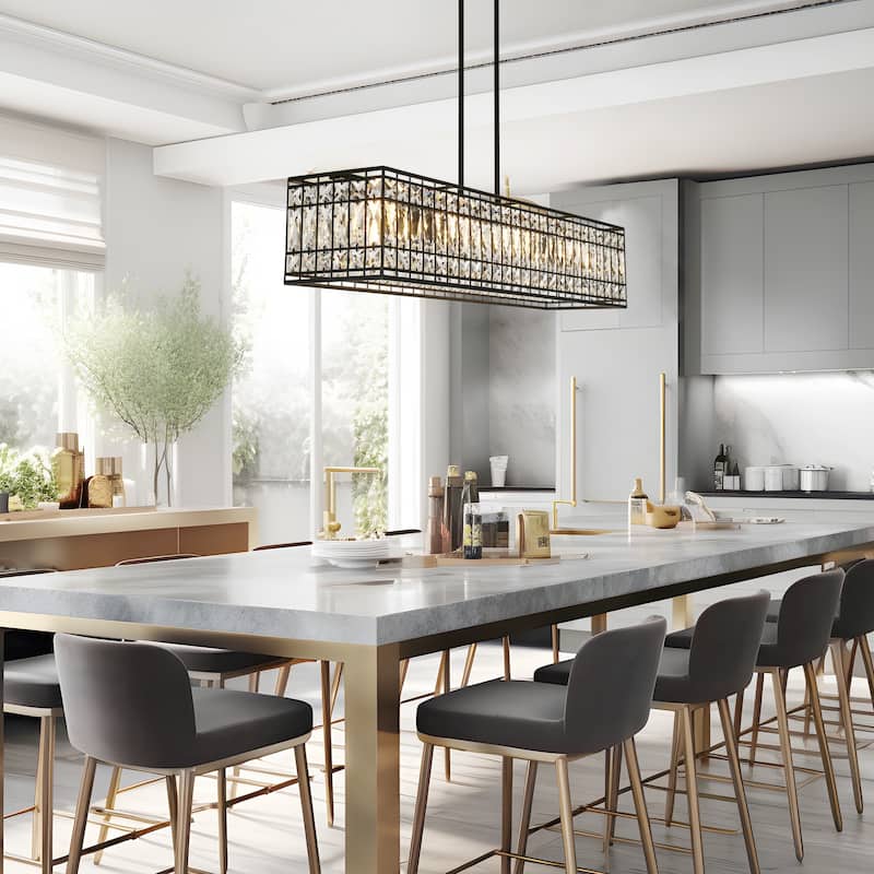 Modern 4-Light Crystal Chandelier Black Rectangle Kitchen Island Lights - L35.4" x W8.9" x H71.2" Max