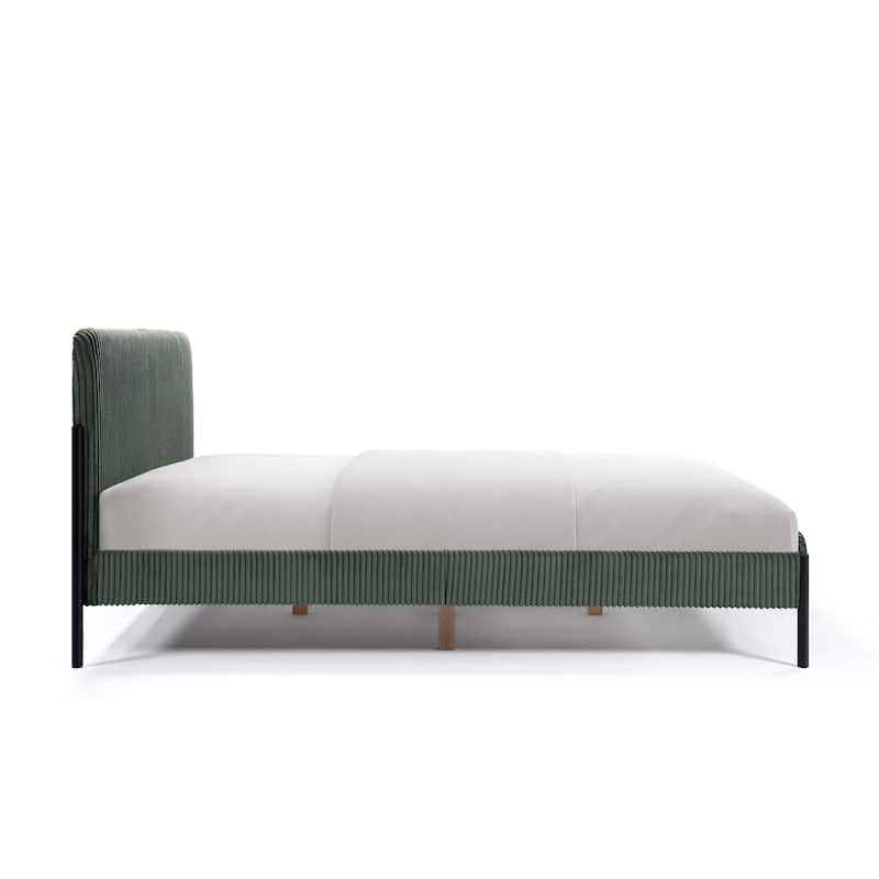 Corduroy Upholstered Bed Frame, Rounded Corners Design Queen Platform Bed, Slat Support