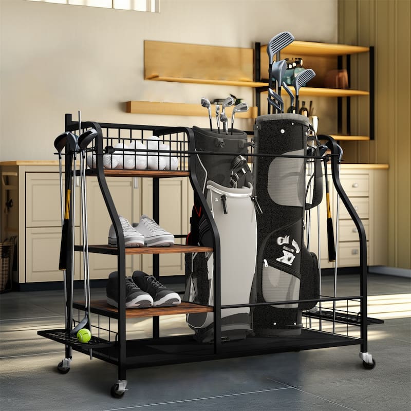 Multifunctional Golf Bags Organizer Rack Rolling Golf Equipment Storage Shelves on Wheels