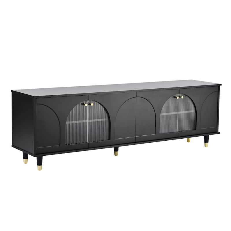 Black 69.6" TV Stand with Adjustable Shelves, Gold Handles and Arch Fluted Glass Doors for TVs Up to 78"