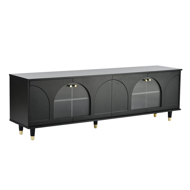 Modern TV Cabinet for TVs Up to 78" with Arch Fluted Glass Doors and Adjustable Shelves, for Living Rooms, Black
