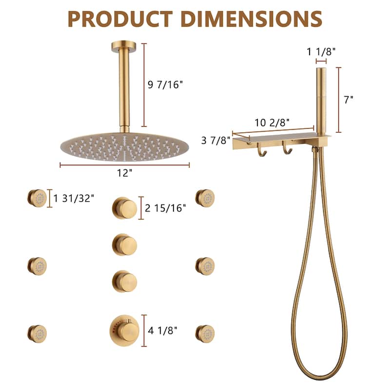 CASAINC Thermostatic 12 inch Rainfall Showerhead with Handheld Spray & 6 Body Jets Set(Can All Run Together) Rain Shower System