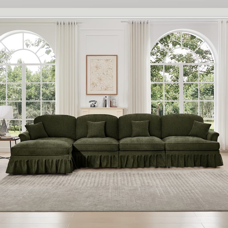 GDFStudio - Classic L-Shaped Chenille 4-Seater 137.8" Sectional Sofa with Ottoman - Green