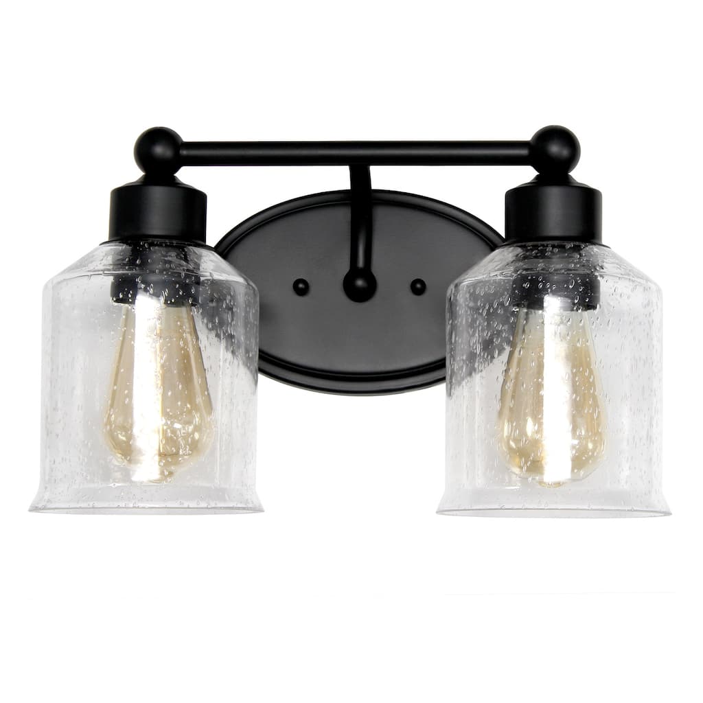 Two Light Vanity Wall Sconce - Metal & Glass Shade Uplight Downlight - Bathroom, Hallway, Entryway Decor - Black Finish - 6.5