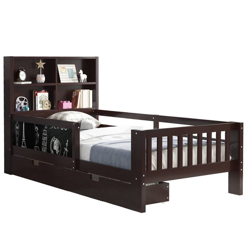 Twin Platform Bed with Chalkboard,Solid Wood Platform Bed with Storage Drawers and Shelves,Space-saving Design
